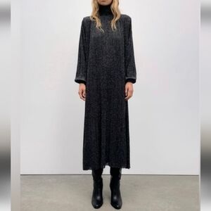 Zara women’s metallic black midi dress with mock neckline over size S like new